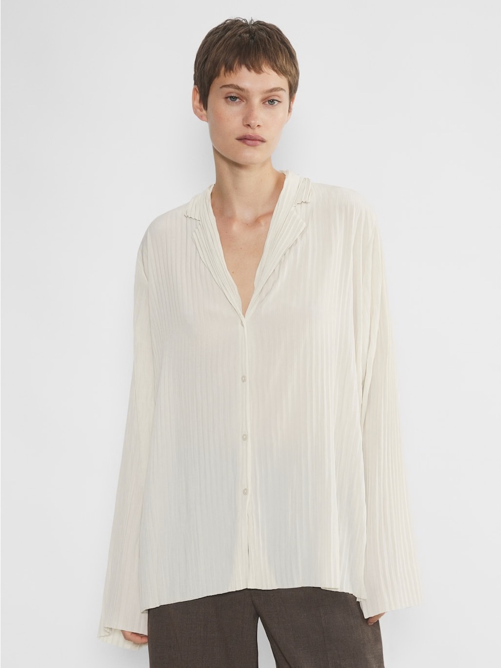 Babaton Collector Shirt Lightweight Cream Pleated Button-Up Blouse